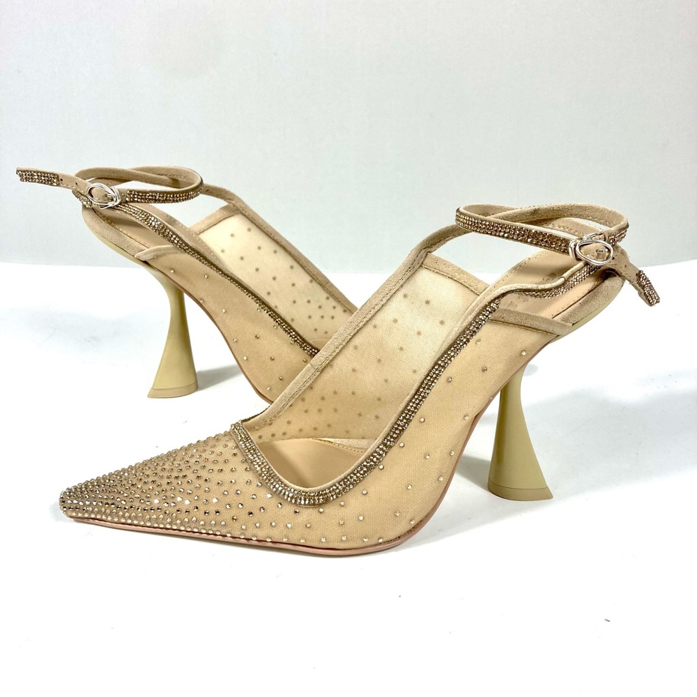 Cult Gaia Diya Pointed Toe Crystal Ankle Strap Pumps Heels Sand Dollar NEW 37